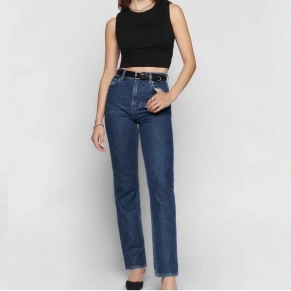 Reformation Denim - REFORMATION Organic Elan Ultra High Rise Jean Straight Leg Baltic 29 dark wash